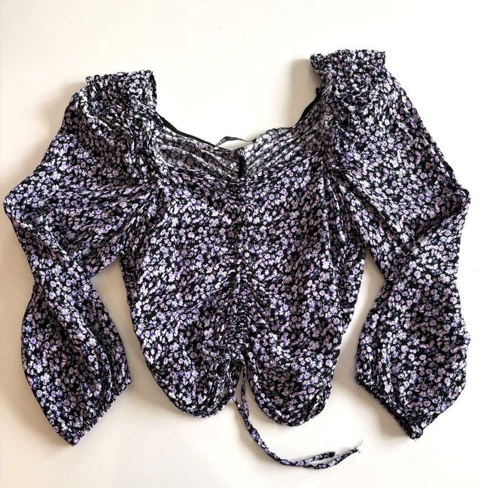 Zara Cropped Top Purple Ditsy Floral Ruched Detail Side Zip 3/4 Balloon Sleeve S